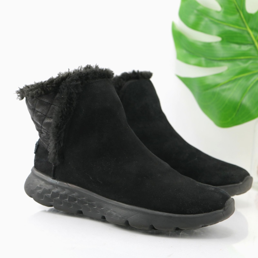 Skechers Boots Womens On The Go Joy Size 7.5 Black Faux Fur Ankle Pull On Bootie